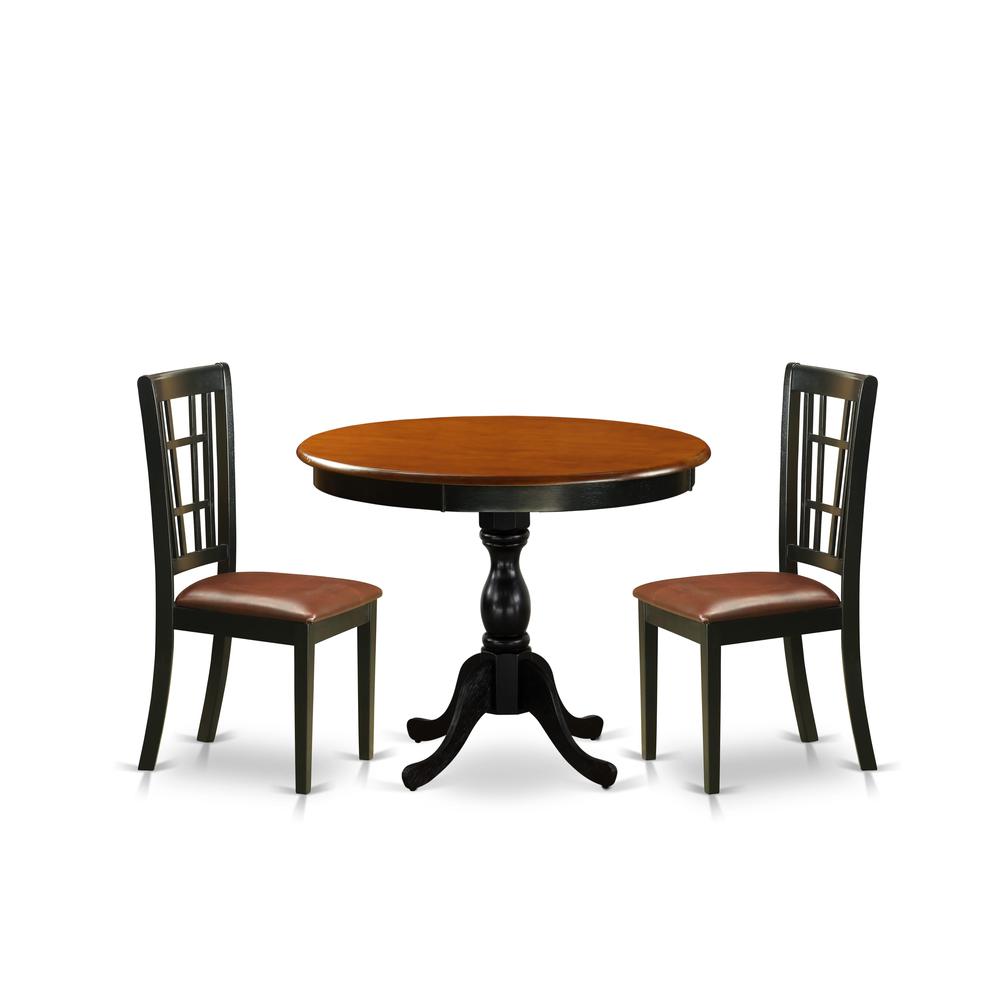 East West Furniture 3-Piece Dinner Table Set Contains a Dining Table and 2 Faux Leather Kitchen Chairs with Slatted Back- Black Finish