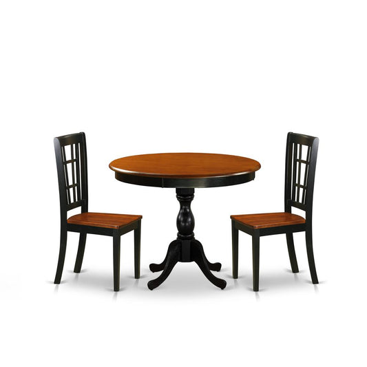 East West Furniture 3-Piece Modern Dining Table Set Contains a Dining Room Table and 2 Dining Chairs with Slatted Back - Black Finish