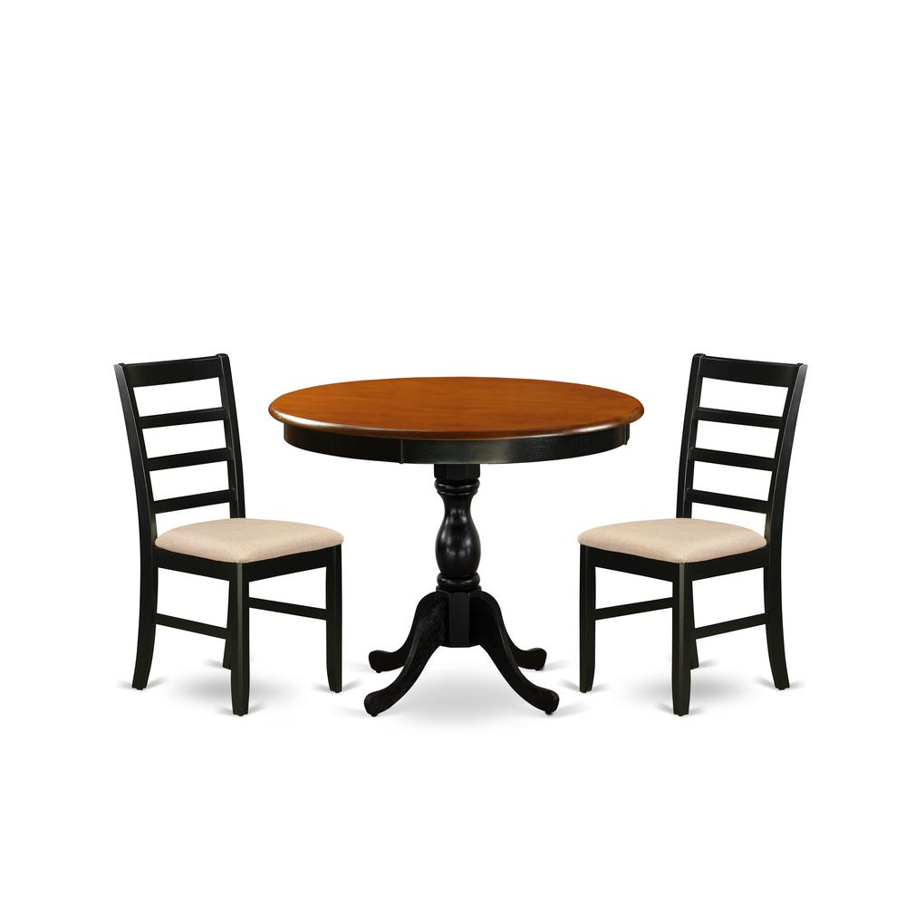 East West Furniture 3-Pc Modern Dining Table Set Includes a Round Kitchen Table and 2 Linen Fabric Dining Room Chairs with Ladder Back - Black Finish