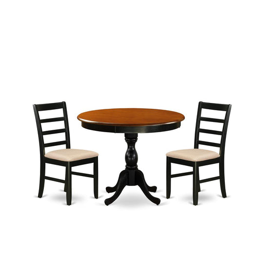 East West Furniture 3-Pc Modern Dining Table Set Includes a Round Kitchen Table and 2 Linen Fabric Dining Room Chairs with Ladder Back - Black Finish