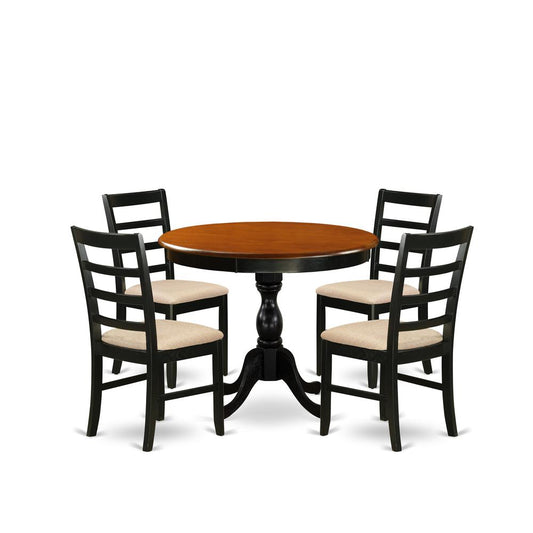 East West Furniture 5-Piece Table Set Consists of a Wood Kitchen Table and 4 Linen Fabric Mid Century Dining Chairs with Ladder Back - Black Finish