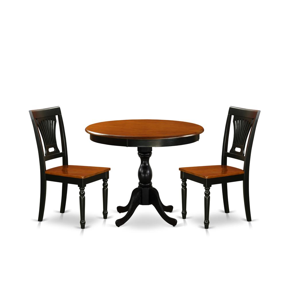 East West Furniture 3-Piece Mid Century Dining Set Contains a Wooden Table and 2 Dinner Chairs with Slatted Back - Black Finish