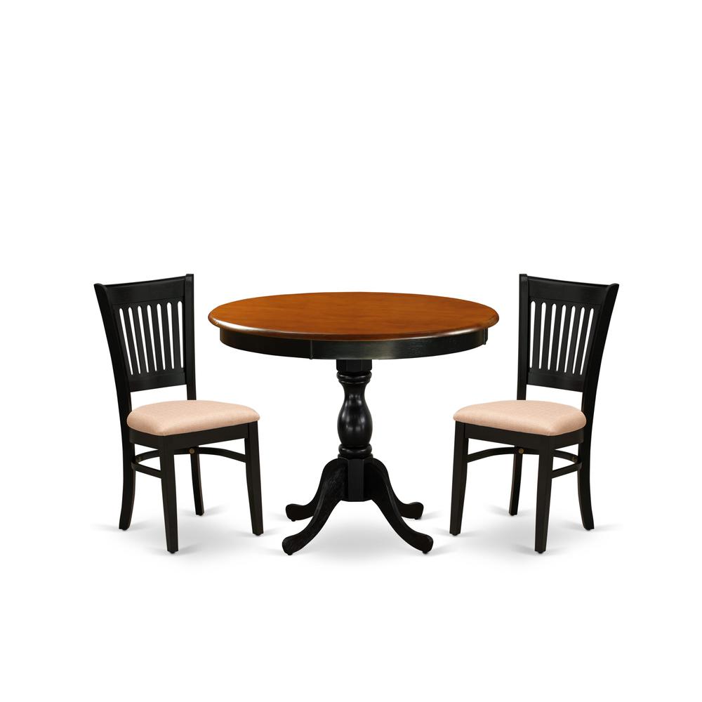 East West Furniture 3-Pc Kitchen Dining Table Set Consists of a Kitchen Table and 2 Linen Fabric Mid Century Chairs with Slatted Back - Black Finish