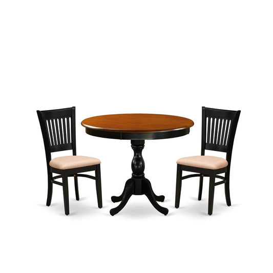 East West Furniture 3-Pc Kitchen Dining Table Set Consists of a Kitchen Table and 2 Linen Fabric Mid Century Chairs with Slatted Back - Black Finish