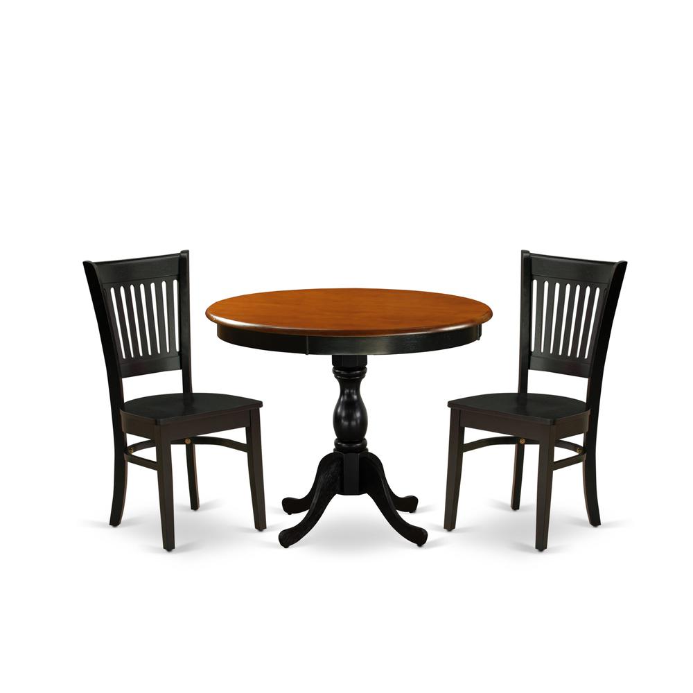 East West Furniture 3-Piece Mid Century Dining Set Include a Modern Dining Table and 2 Dining Chairs with Slatted Back - Black Finish