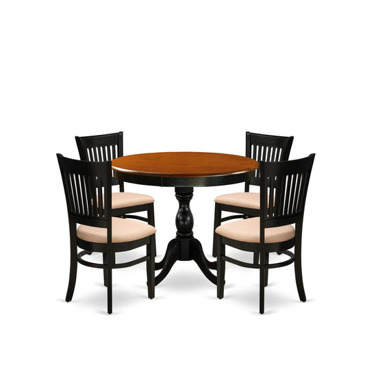 East West Furniture 5-Piece Modern Dining Table Set Consists of a Dinner Table and 4 Linen Fabric Kitchen Dining Chairs with Slatted Back - Black Finish