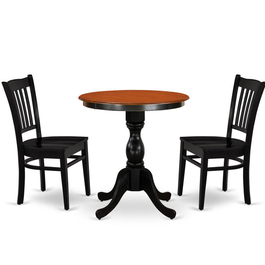 East West Furniture 3-Piece Dinner Table Set Consist of Mid Century Table and 2 Wooden Chairs with Slatted Back - Black Finish