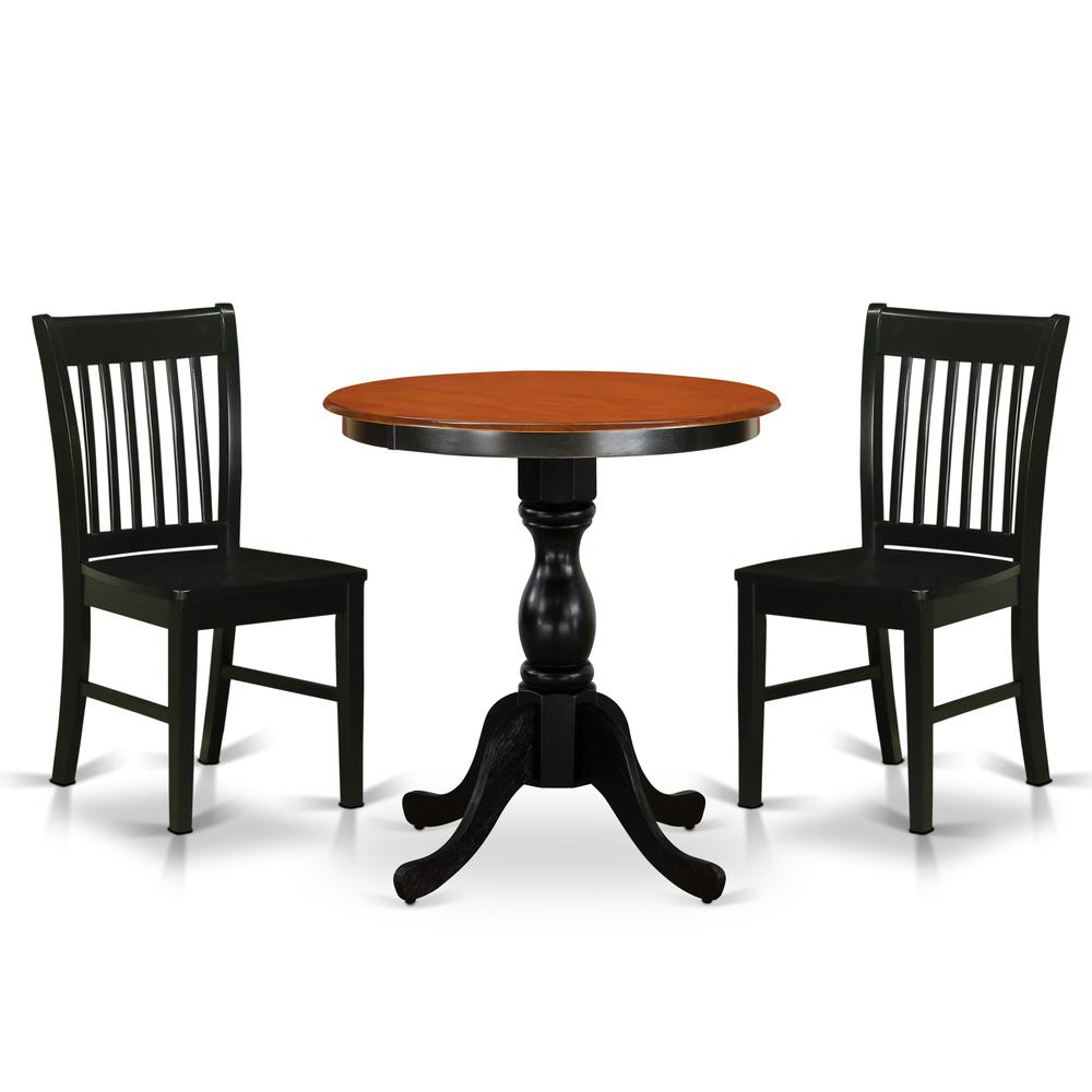 East West Furniture 3-Piece Kitchen Dining Table Set Include a Dinner Table and 2 Wood Chairs with Slatted Back - Black Finish