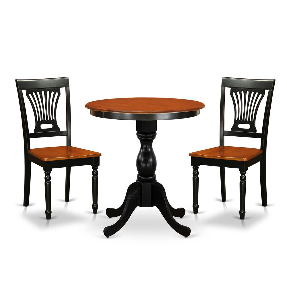 East West Furniture 3-Piece Kitchen Table Set Include a Wood Dining Table and 2 Modern Dining Chairs with Slatted Back - Black Finish