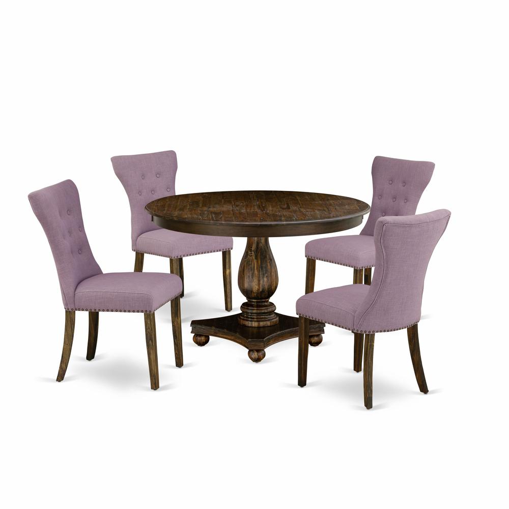 East West Furniture 5 Piece Modern Dining Set Includes a Dining Room Table and 4 Dahlia Linen Fabric Upholstered Chairs with Button Tufted Back - Distressed Jacobean Finish