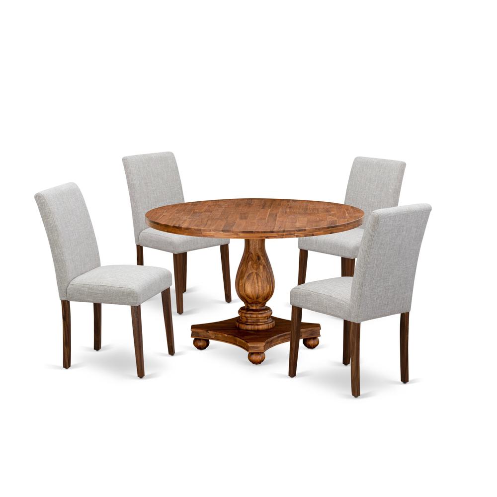 East West Furniture 5-Piece Kitchen Dining Table Set - Round Wood Table and 4 Doeskin Color Parson Kitchen Chairs with High Back - Antique Walnut Finish