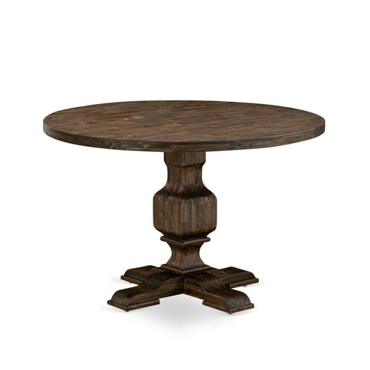 East West Furniture IRVING Round Dining Table with Pedestal, Rustic Rubberwood Table in Distressed Jacobean Finish, 48 Inch