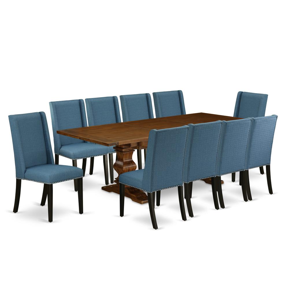 East West Furniture 11-Pieces Dining Set - A Butterfly Leaf Double Pedestal Modern Dining Table and 10 Blue Linen Fabric Dining Chairs with Stylish Chair Back- Antique Walnut Finish