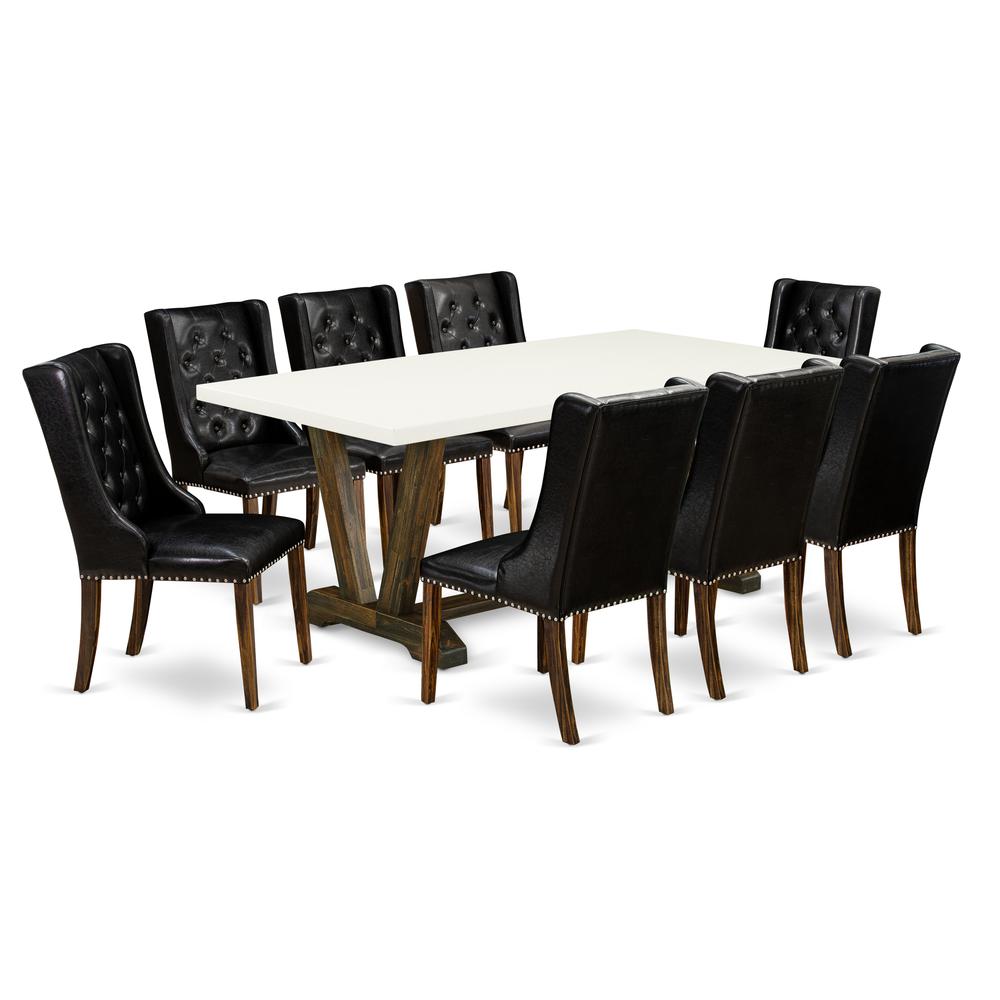 East West Furniture V727FO749-9 9-Piece Dining Room Set - 8 Black Pu Leather Parsons Chair Button Tufted with Nail heads and Dining Room Table - Distressed Jacobean Finish