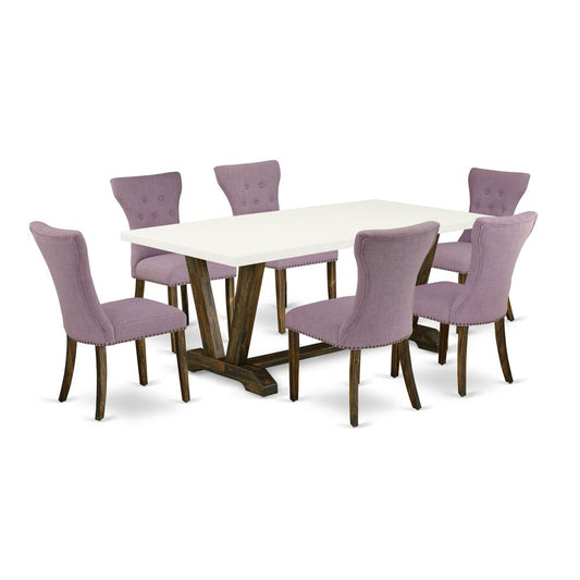 East West Furniture V727GA740-7 7-Pc Dining Table Set- 6 Parson Dining Chairs with Dahlia Linen Fabric Seat and Button Tufted Chair Back - Rectangular Table Top & Wooden Legs - Linen White and Distres