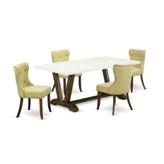 East West Furniture V727SI737-5 5-Pc Dinette Room Set- 4 Parson Dining Room Chairs with Limelight Linen Fabric Seat and Button Tufted Chair Back - Rectangular Table Top & Wooden Legs - Linen White and