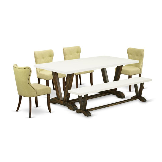 East West Furniture V727SI737-6 6-Pc Modern Dining Set- 4 Parson Chairs with Limelight Linen Fabric Seat and Button Tufted Chair Back - Rectangular Top & Wooden Legs Dining Room Table and Small Bench