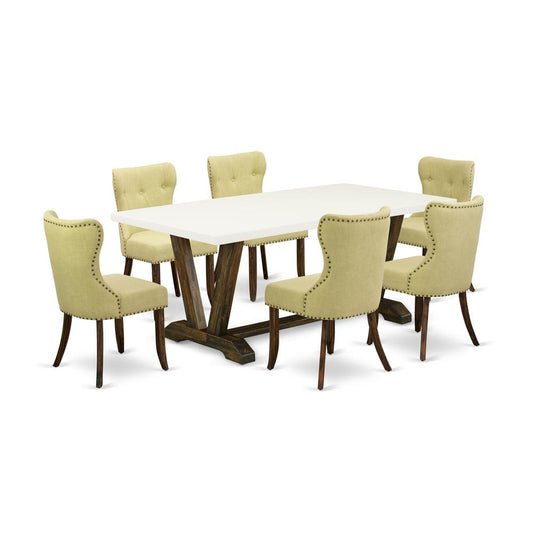 East West Furniture V727SI737-7 7-Piece Dining Room Set- 6 Kitchen Chairs with Limelight Linen Fabric Seat and Button Tufted Chair Back - Rectangular Table Top & Wooden Legs - Linen White and Distress