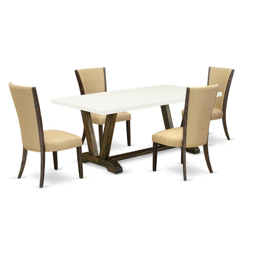 East West Furniture V727VE703-5 5Pc Kitchen Set Offers a Wood Dining Table and 4 Upholstered Dining Chairs with Brown Color Linen Fabric, Medium Size Table with Full Back Chairs, Distressed Jacobean a