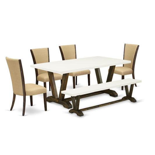 East West Furniture V727VE703-6 6 Piece Dining Set - 4 Brown Linen Fabric dining room chairs with Nailheads and Linen White Dinner Table - 1 Dining Bench - Distressed Jacobean Finish