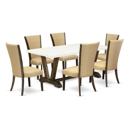 East West Furniture V727VE703-7 7Pc Dinette Sets for Small Spaces Contains a Wood Dining Table and 6 Upholstered Dining Chairs with Brown Color Linen Fabric, Medium Size Table with Full Back Chairs, D