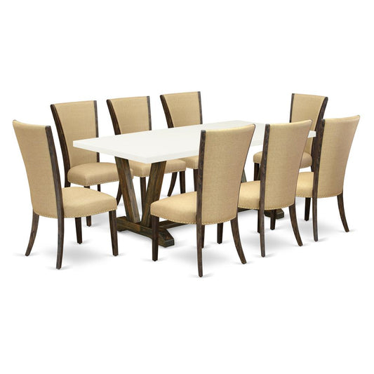 East West Furniture V727VE703-9 9Pc Dinette Set Offers a Wood Table and 8 Parsons Chairs with Brown Color Linen Fabric, Medium Size Table with Full Back Chairs, Distressed Jacobean and Linen White Fin