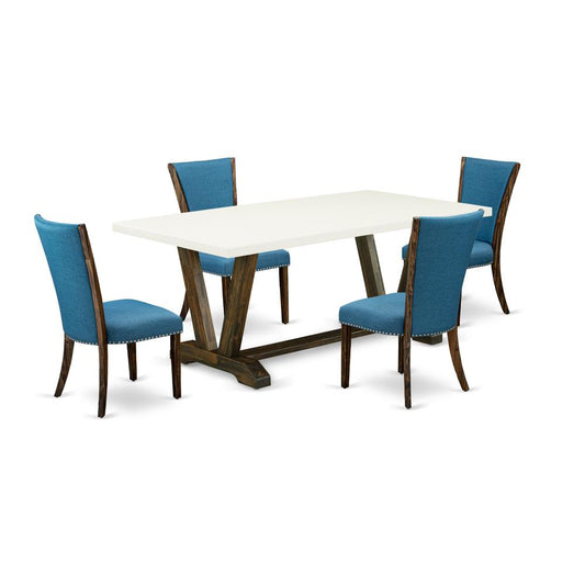 East West Furniture V727VE721-5 5Pc Kitchen Table Set Contains a Rectangular Table and 4 Parsons Dining Room Chairs with Blue Color Linen Fabric, Distressed Jacobean and Linen White Finish