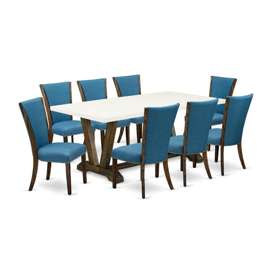 East West Furniture V727VE721-9 9Pc Wood Dining Table Set Consists of a Rectangle Table and 8 Parsons Dining Chairs with Blue Color Linen Fabric, Distressed Jacobean and Linen White Finish