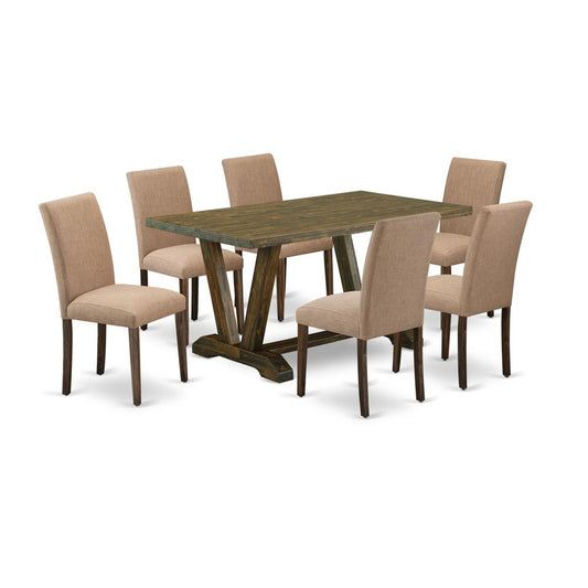 East West Furniture 7-Pc Table and Chairs Dining Set Includes 6 Mid Century Modern Dining Chairs with Upholstered Seat and High Back and a Rectangular Kitchen Table - Distressed Jacobean Finish