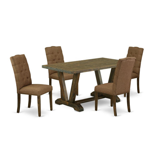 East West Furniture 5-Pc rectangular Dinette Set Included 4 kitchen parson chairs Upholstered Seat and High Button Tufted Chair Back and rectangular dining Table with Distressed Jacobean Dining Table