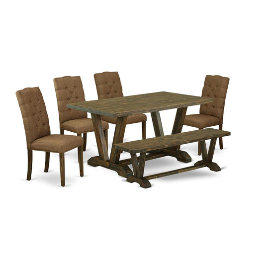 East West Furniture 6-Piece Dining room Table Set-Brown Beige Linen Fabric Seat and Button Tufted Chair Back Dining chairs, A Rectangular Bench and Rectangular Top Dining room Table with Solid Wood Le