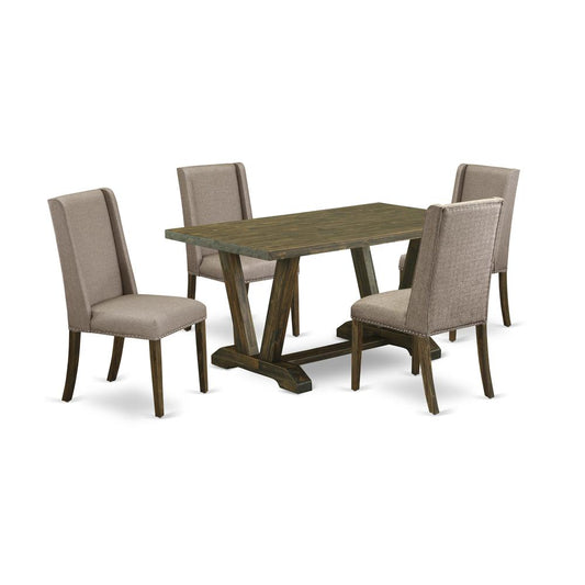 East West Furniture 5-Pc Mid Century Dining Table Set Included 4 Dining room chairs Upholstered Nails Head Seat and Stylish Chair Back and rectangular dining Table with Distressed Jacobean Dining Tabl