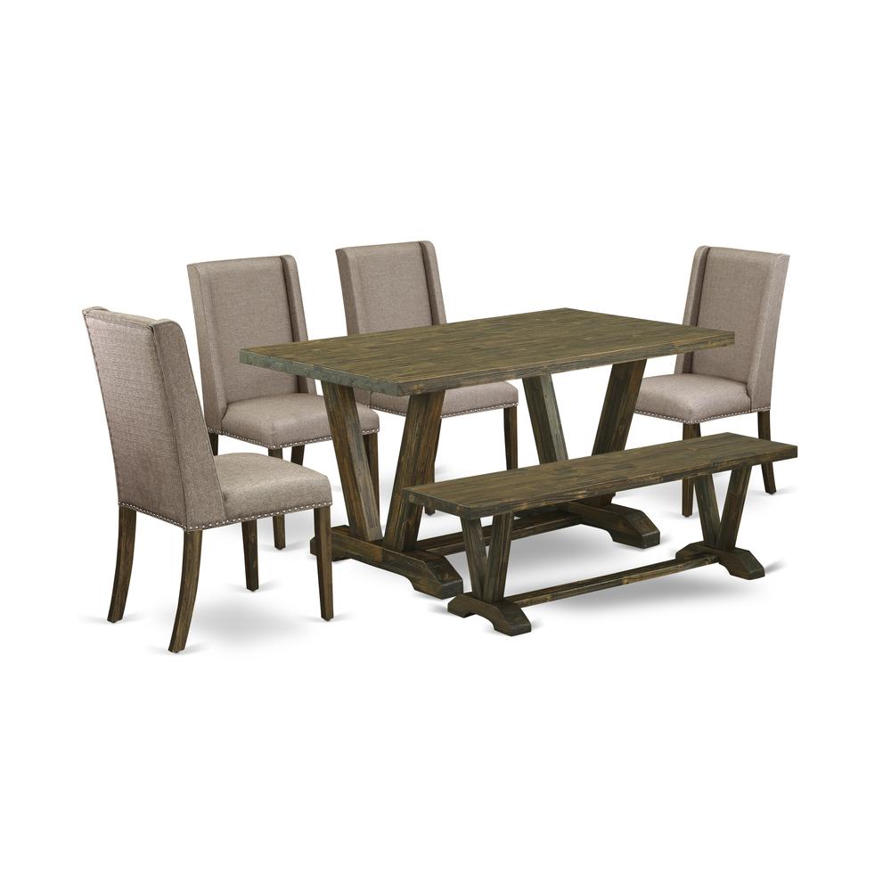 East West Furniture 6-Piece Table Dining Set-Dark Khaki Linen Fabric Seat and High Stylish Chair Back Kitchen chairs, A Rectangular Bench and Rectangular Top Kitchen Table with Wood Legs - Distressed