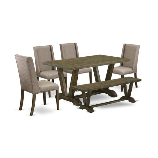 East West Furniture 6-Piece Table Dining Set-Dark Khaki Linen Fabric Seat and High Stylish Chair Back Kitchen chairs, A Rectangular Bench and Rectangular Top Kitchen Table with Wood Legs - Distressed