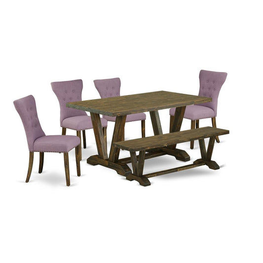 East West Furniture 6-Pc kitchen table set-Dahlia Linen Fabric Seat and Button Tufted Chair Back Dining chairs, A Rectangular Bench and Rectangular Top Modern Dining Table with Wood Legs - Distressed