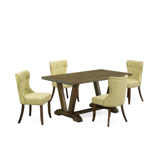 East West Furniture V776SI737-5 5-Piece Dining Table Set- 4 Dining Chairs with Limelight Linen Fabric Seat and Button Tufted Chair Back - Rectangular Table Top & Wooden Legs - Distressed Jacobean Fini