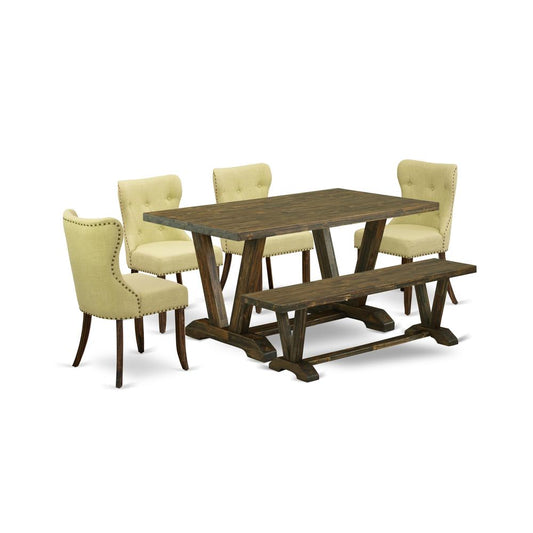 East West Furniture V776SI737-6 6-Pc Kitchen Dining Set- 4 Dining Chairs with Limelight Linen Fabric Seat and Button Tufted Chair Back - Rectangular Top & Wooden Legs Dining Table and Dining Room Benc