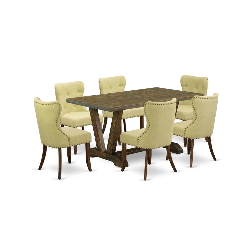 East West Furniture V776SI737-7 7-Pc Kitchen Dining Room Set- 6 Parson Dining Chairs with Limelight Linen Fabric Seat and Button Tufted Chair Back - Rectangular Table Top & Wooden Legs - Distressed Ja