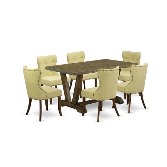 East West Furniture V776SI737-7 7-Pc Kitchen Dining Room Set- 6 Parson Dining Chairs with Limelight Linen Fabric Seat and Button Tufted Chair Back - Rectangular Table Top & Wooden Legs - Distressed Ja