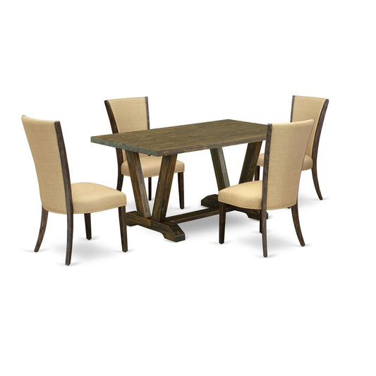 East West Furniture V776VE703-5 5Pc Dining Table Set Contains a Wood Dining Table and 4 Upholstered Dining Chairs with Brown Color Linen Fabric, Medium Size Table with Full Back Chairs, Distressed Jac