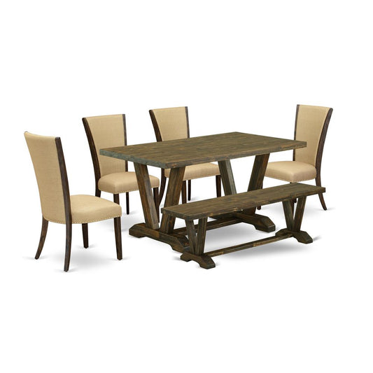 East West Furniture V776VE703-6 6 Piece Dinette Set - 4 Brown Linen Fabric Modern Chair with Nailheads and Distressed Jacobean Wood Table - 1 Dining Room Bench - Distressed Jacobean Finish