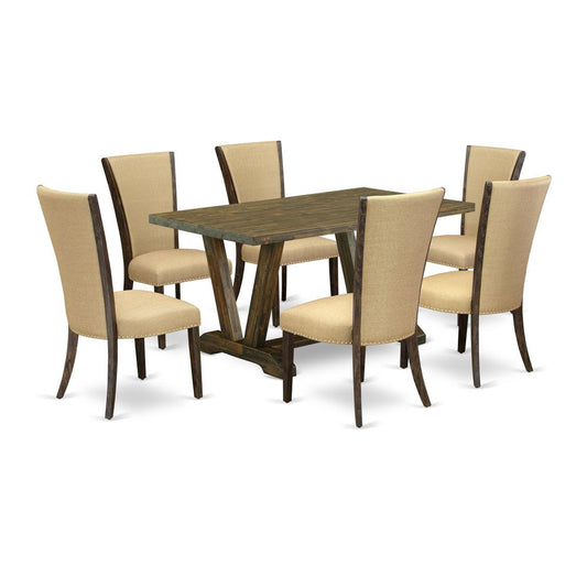 East West Furniture V776VE703-7 7Pc Dining Room Table Set Offers a Dining Table and 6 Parson Chairs with Brown Color Linen Fabric, Medium Size Table with Full Back Chairs, Distressed Jacobean Finish