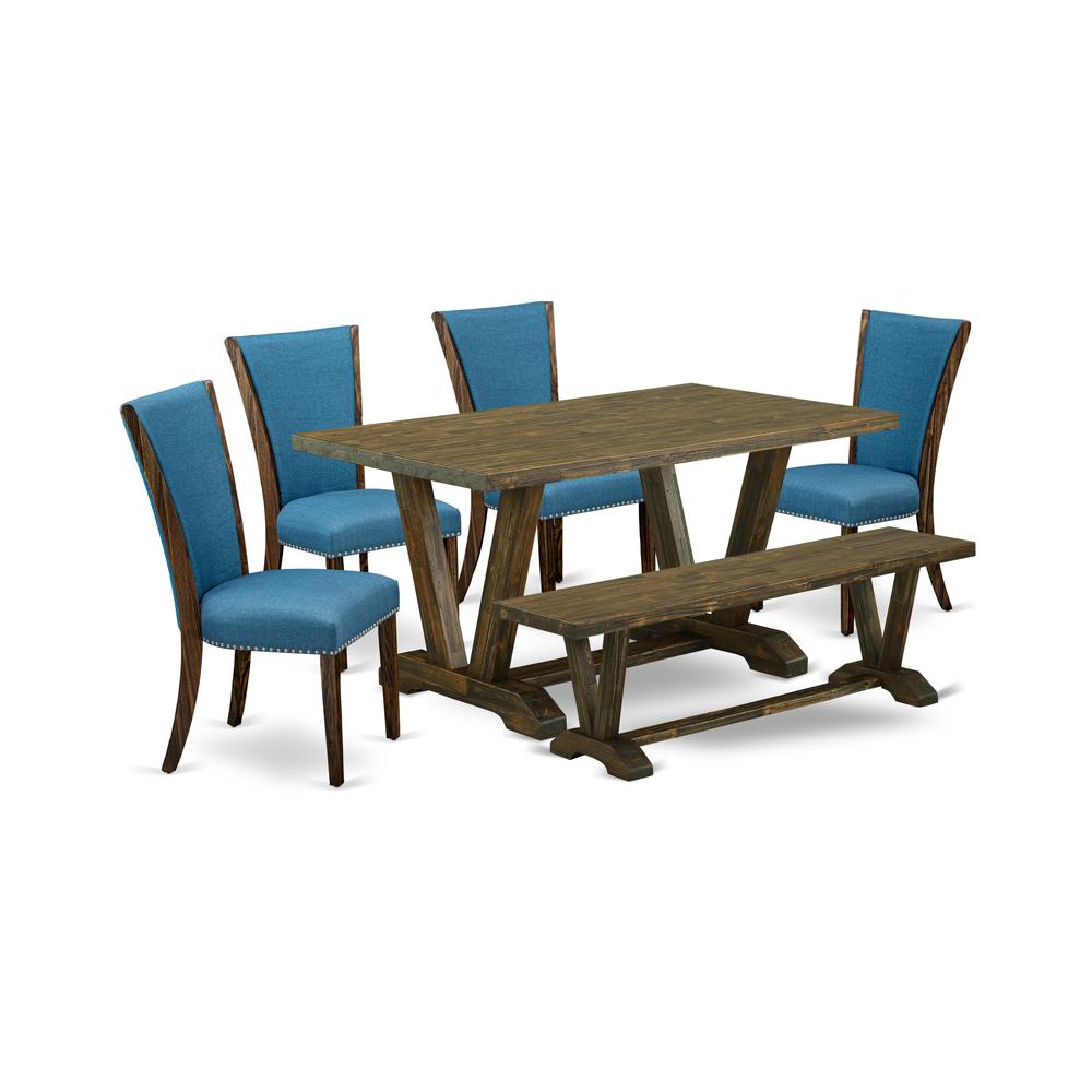 East West Furniture V776VE721-6 6 Piece Modern Dining Table Set - 4 Black Linen Fabric Kitchen Chairs with Nailheads and Distressed Jacobean Dining Table - 1 Wooden Bench - Distressed Jacobean Finish