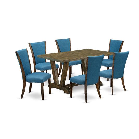 East West Furniture V776VE721-7 7Pc Dinette Sets for Small Spaces Includes a Dining Room Table and 6 Upholstered Dining Chairs with Blue Color Linen Fabric, Distressed Jacobean Finish