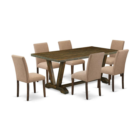 East West Furniture 7-Pc wooden dining table set Includes 6 Dining Room Chairs with Upholstered Seat and High Back and a Rectangular Kitchen Dining Table - Distressed Jacobean Finish