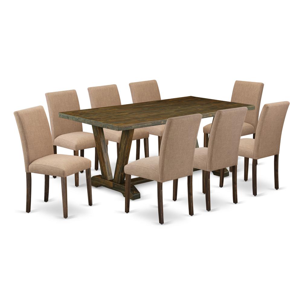 East West Furniture 9-Pc Modern Dining Table Set Includes 8 Upholstered Dining Chairs with Upholstered Seat and High Back and a Rectangular Modern Kitchen Table - Distressed Jacobean Finish