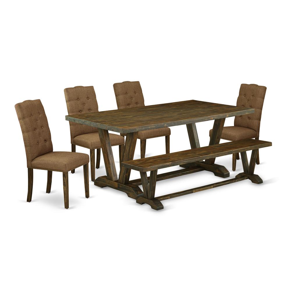 East West Furniture 6-Pc Wooden Dining Table Set-Brown Beige Linen Fabric Seat and Button Tufted Chair Back Parson Dining chairs, A Rectangular Bench and Rectangular Top Wood Kitchen Table with Wooden