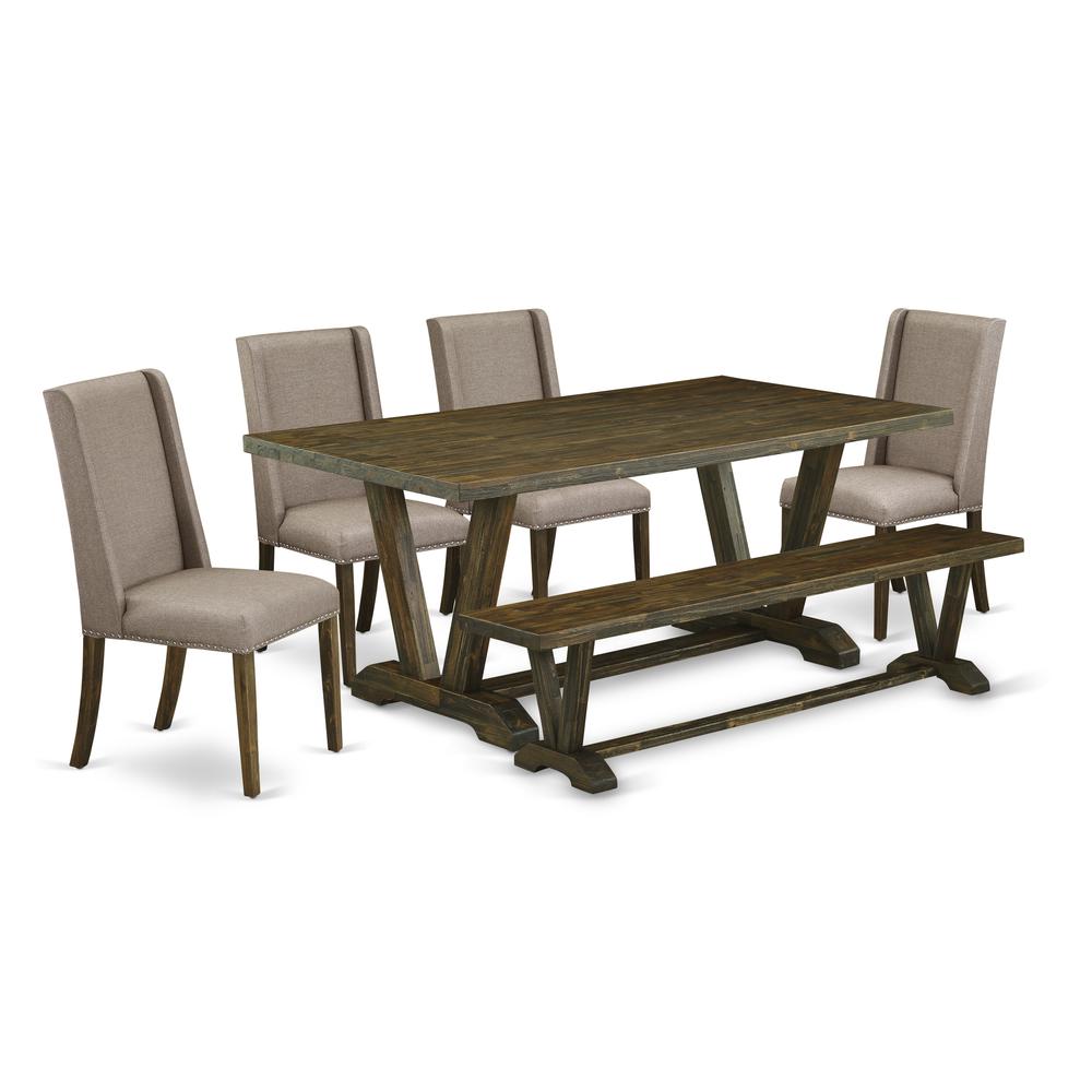 East West Furniture 6-Piece Table Dining Set-Dark Khaki Linen Fabric Seat and Stylish Chair Back Modern Dining chairs, A Rectangular Bench and Rectangular Top Kitchen Dining Table with Solid Wood Legs