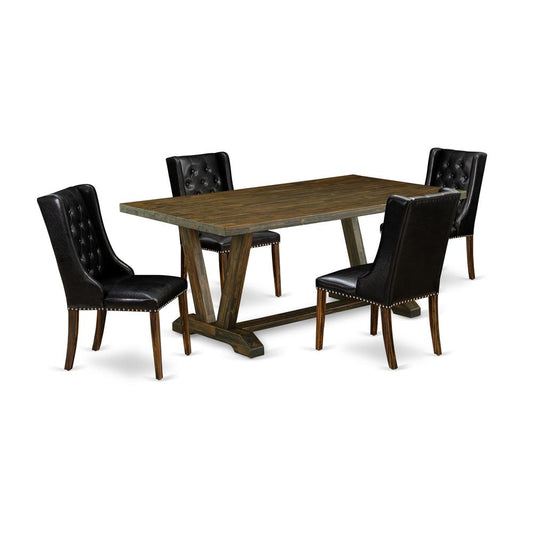 East West Furniture V777FO749-5 5 Piece Dining Table Set - 4 Black Pu Leather Dining Room Chairs Button Tufted with Nail heads and Dining Table - Distressed Jacobean Finish