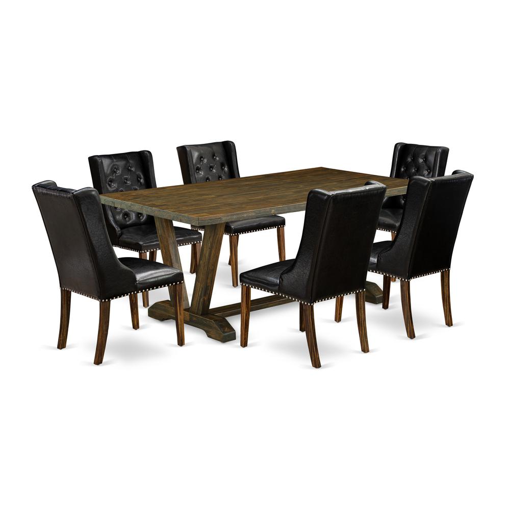 East West Furniture V777FO749-7 7 Pc Dining Table Set - 6 Black Pu Leather Kitchen Chairs Button Tufted with Nailheads and dining table - Distressed Jacobean Finish